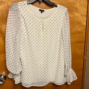 TALBOTS. Size Large Petite. White with Black Polka Dot Blouse. Lined. EUC